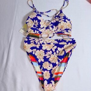 Maaji Bikini Set Medium Blue orange Floral Striped New Reversible High Waist
